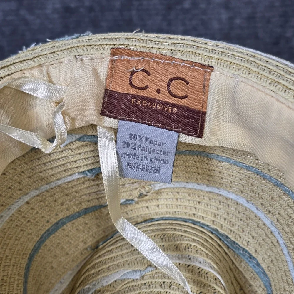 C.C Exclusives Straw Fedora Hat Women's Beige Blue Striped Summer Beach Sun Hat